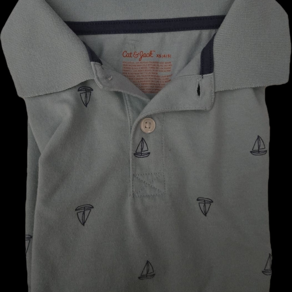 Cat & Jack Boys Light Sage Polo with Nautical Sailboat Print And Tropical Orange